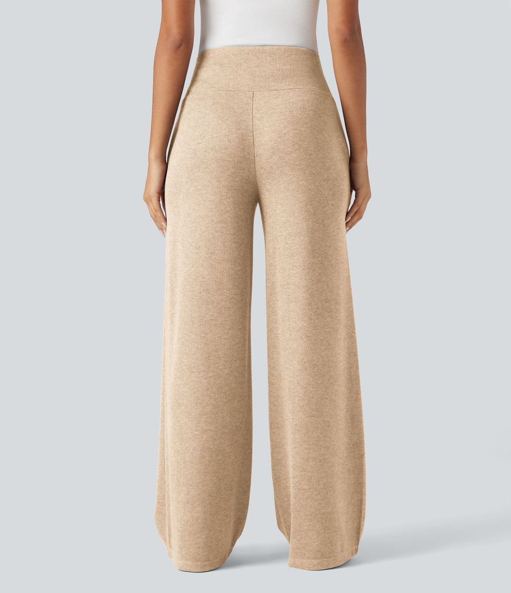 Pantalon jogging large décontracté côtelé gainant taille haute avec cordon de serrage et poches