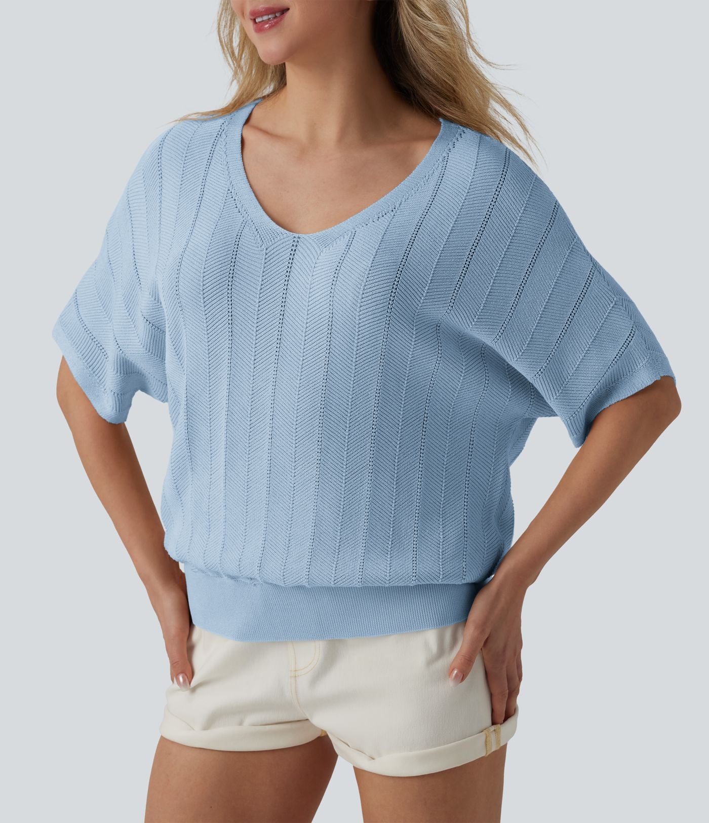Pull décontracté col V manches courtes