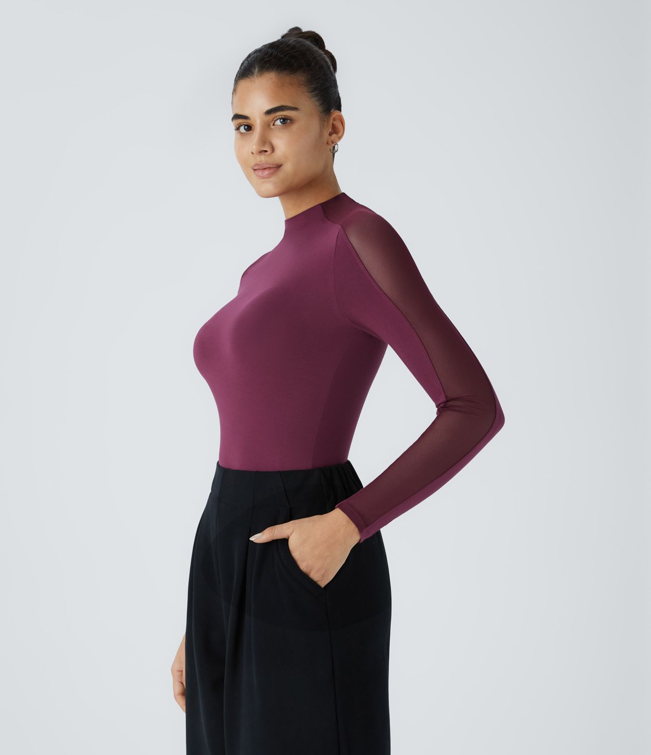 Top de Travail Skinny à Col Montant Manches Raglan Longues Mesh Contrastés