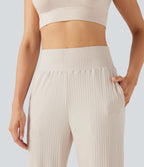 Pantalon décontracté maille côtelée taille haute avec poches