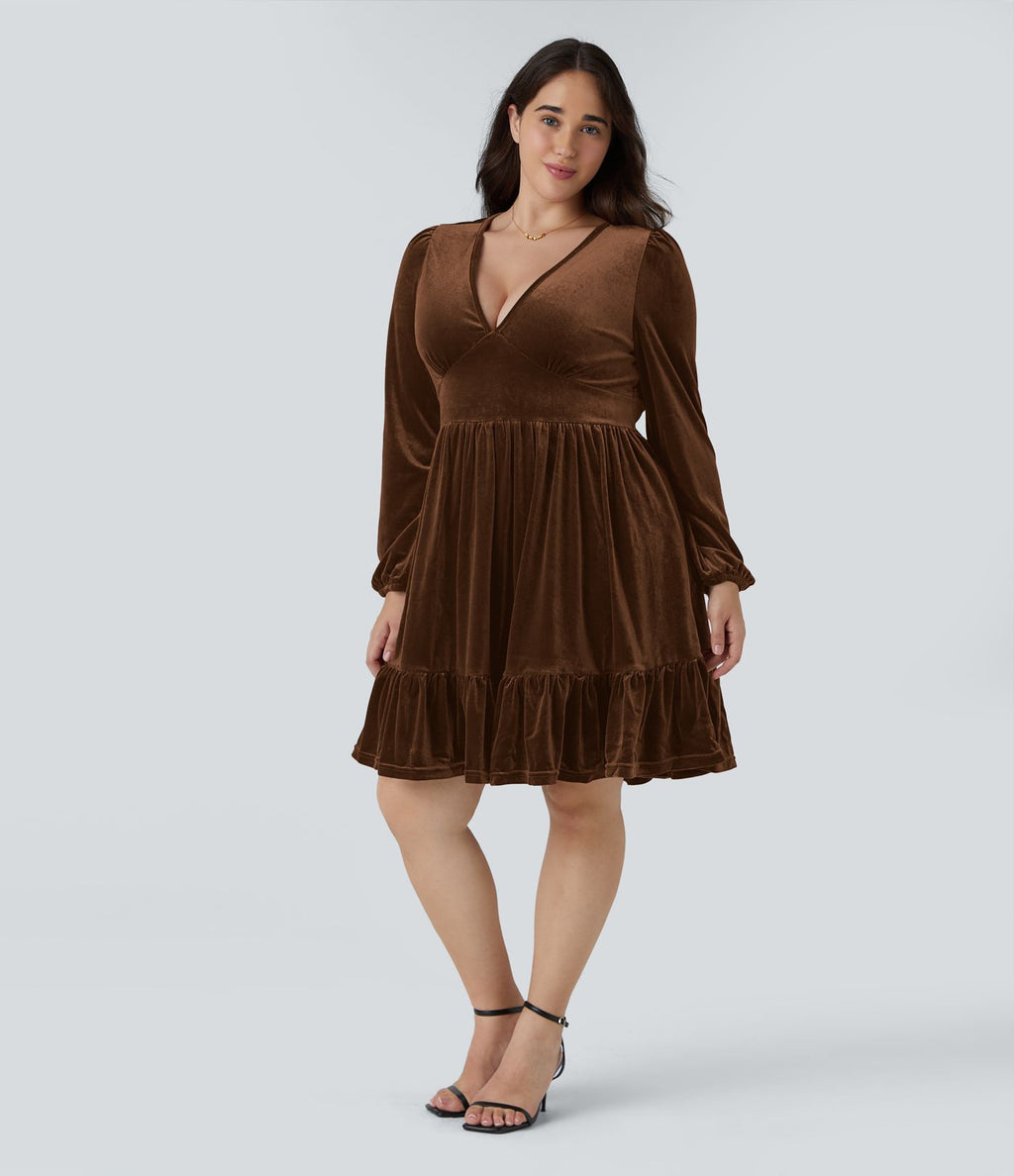 Quotidien de Robe Velours Mini Grande Taille avec Décolleté Profond en V et Ourlet à Volants
