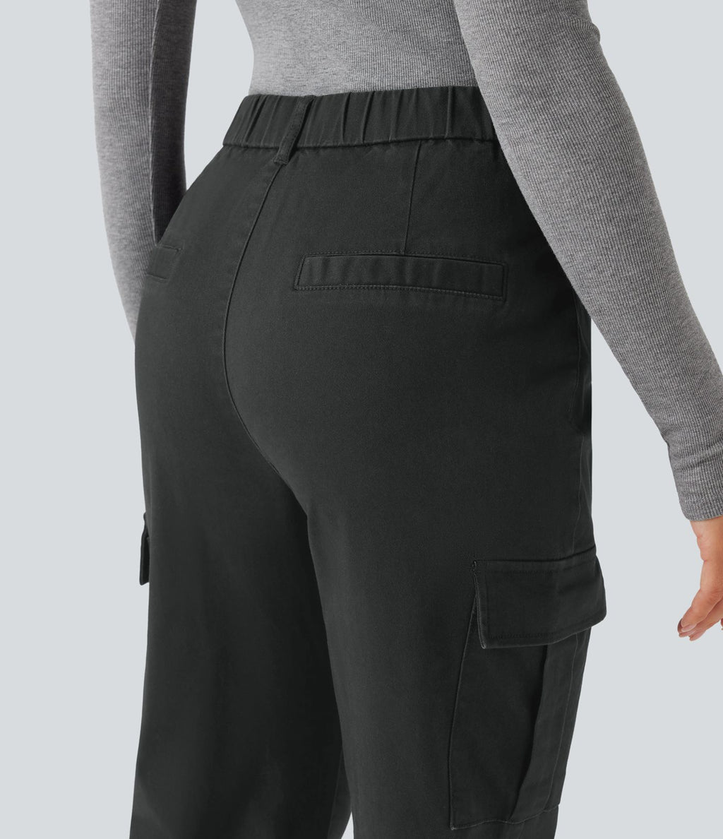 Pantalon 7/8 décontracté fuselé taille haute en coton chino avec poches