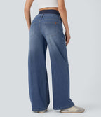 Jean large délavé Halara Flex™ taille haute gainant avec poches