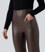 Pantalon évasé décontracté taille haute gainant en molleton PU extensible avec poches