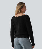 Pull décontracté col bateau manches longues maille ajourée
