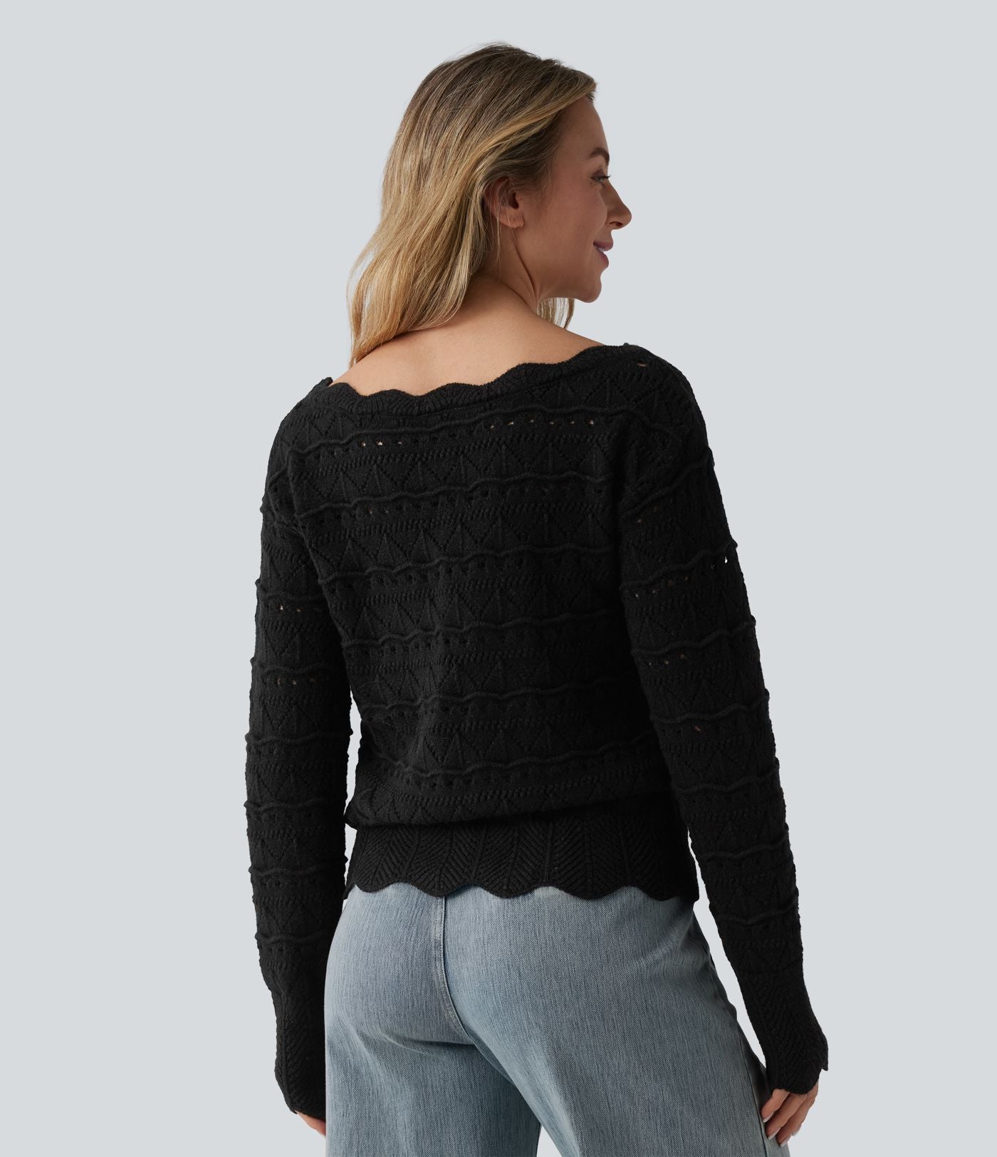Pull décontracté col bateau manches longues maille ajourée