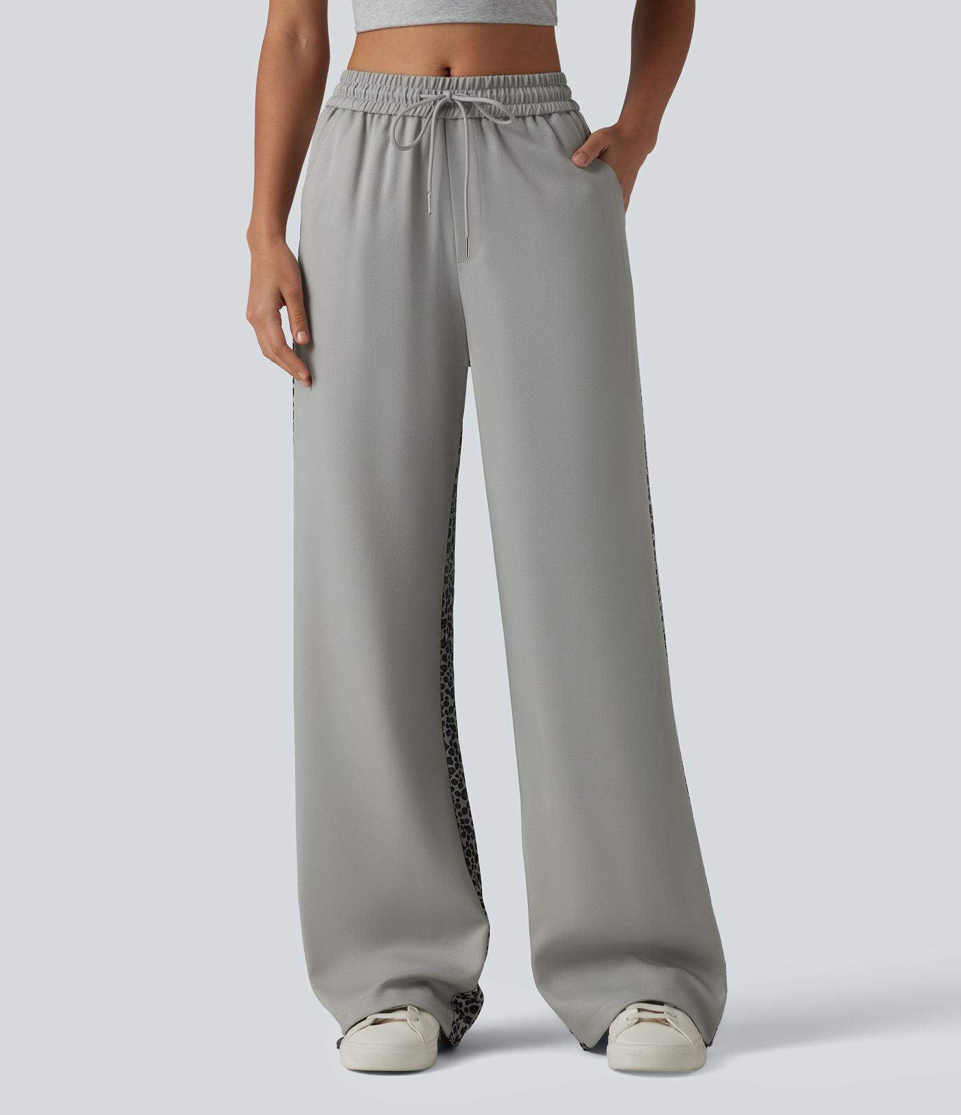 Pantalon ample décontracté taille mi-haute avec cordon de serrage color block rayures léopard contrastant avec poches