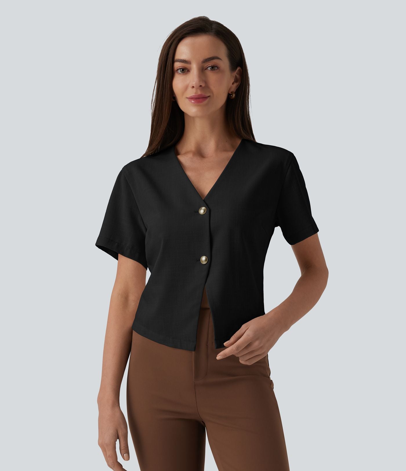 Blouse de travail col V manches courtes aspect lin