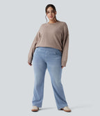 Jean décontracté Halara Flex™ grande taille bootcut taille haute en maille extensible délavée avec multiples poches