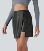 Softlyzero™ Jupe Soirée Mini à Effet Cuir Taille Haute Ourlet Fendu 2-en-1 Poche Côté Imprimé Métallisé Élastique Moulante