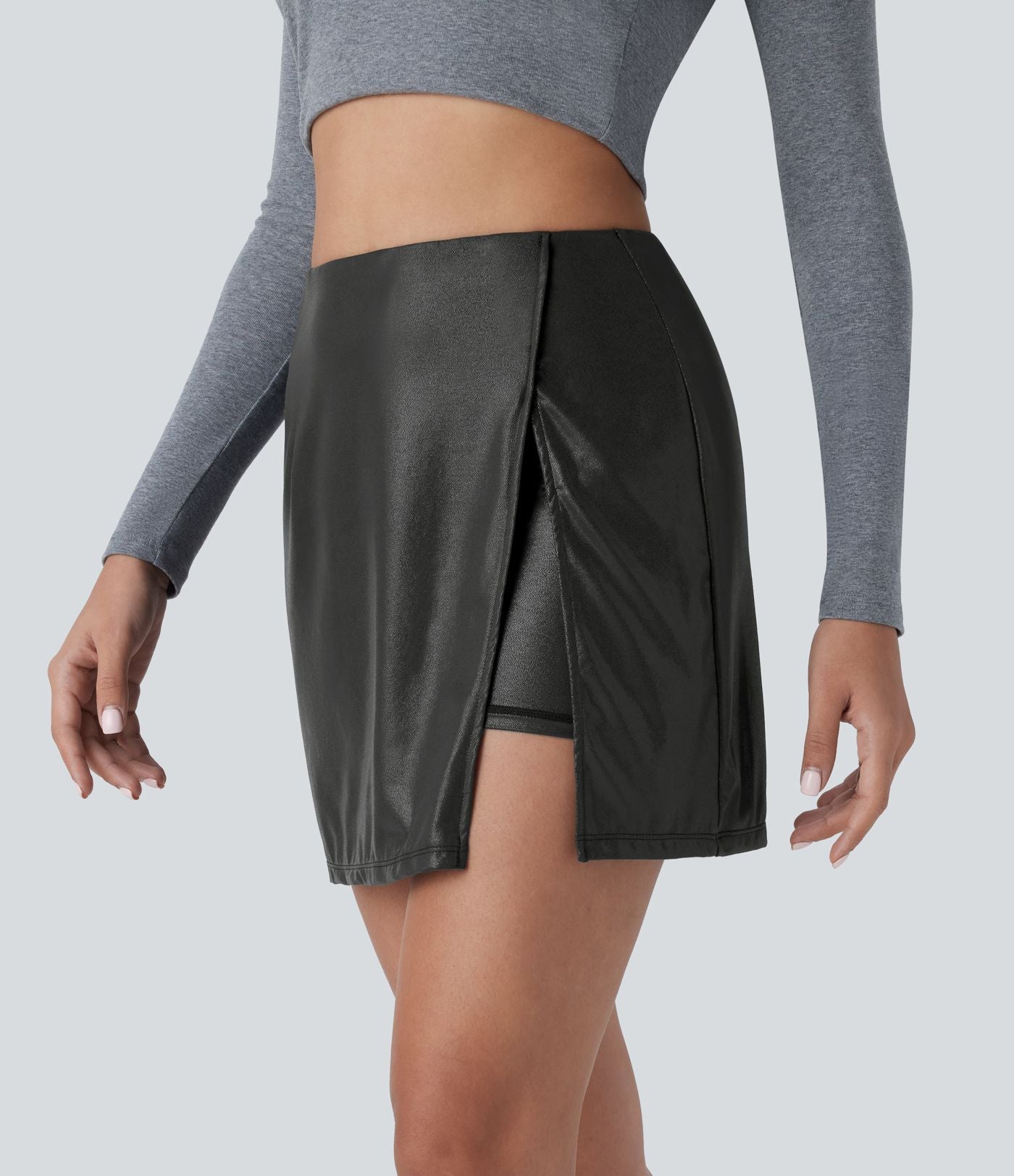 Softlyzero™ Jupe Soirée Mini à Effet Cuir Taille Haute Ourlet Fendu 2-en-1 Poche Côté Imprimé Métallisé Élastique Moulante