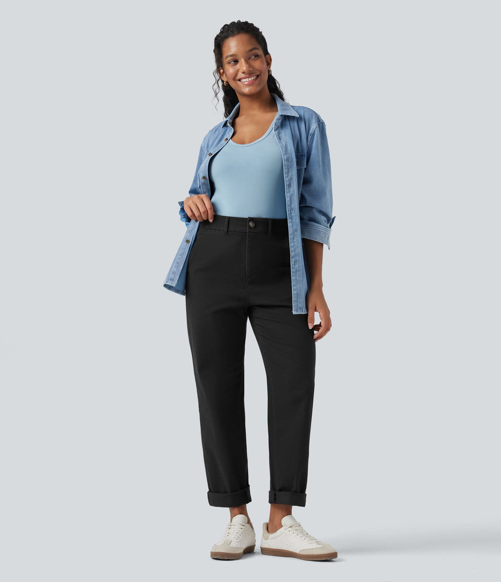Pantalon coton fuselé taille mi-haute avec poches