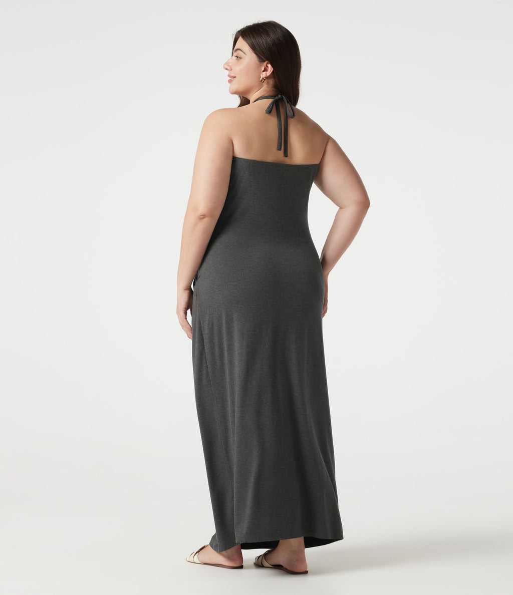Robe maxi grande taille col halter dos nu avec lien au dos et poches