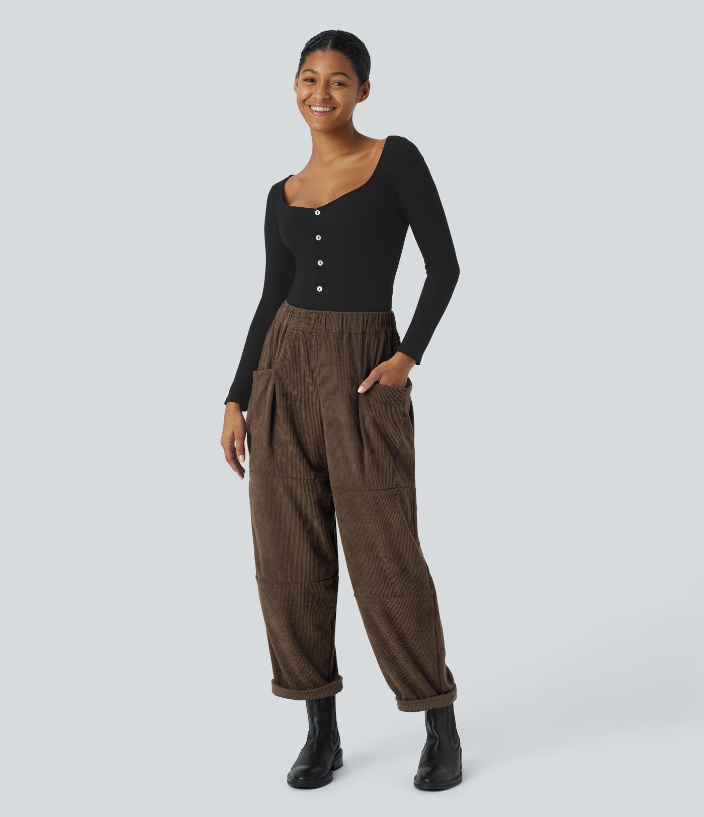 Pantalon décontracté en velours côtelé, taille haute, avec poches