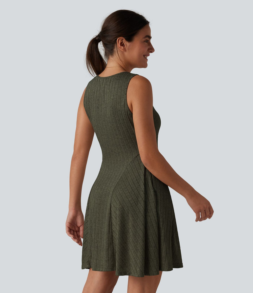 Robe débardeur mini casual évasée col V en maille côtelée avec poches