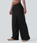 Pantalon ample décontracté taille basse croisée avec poches