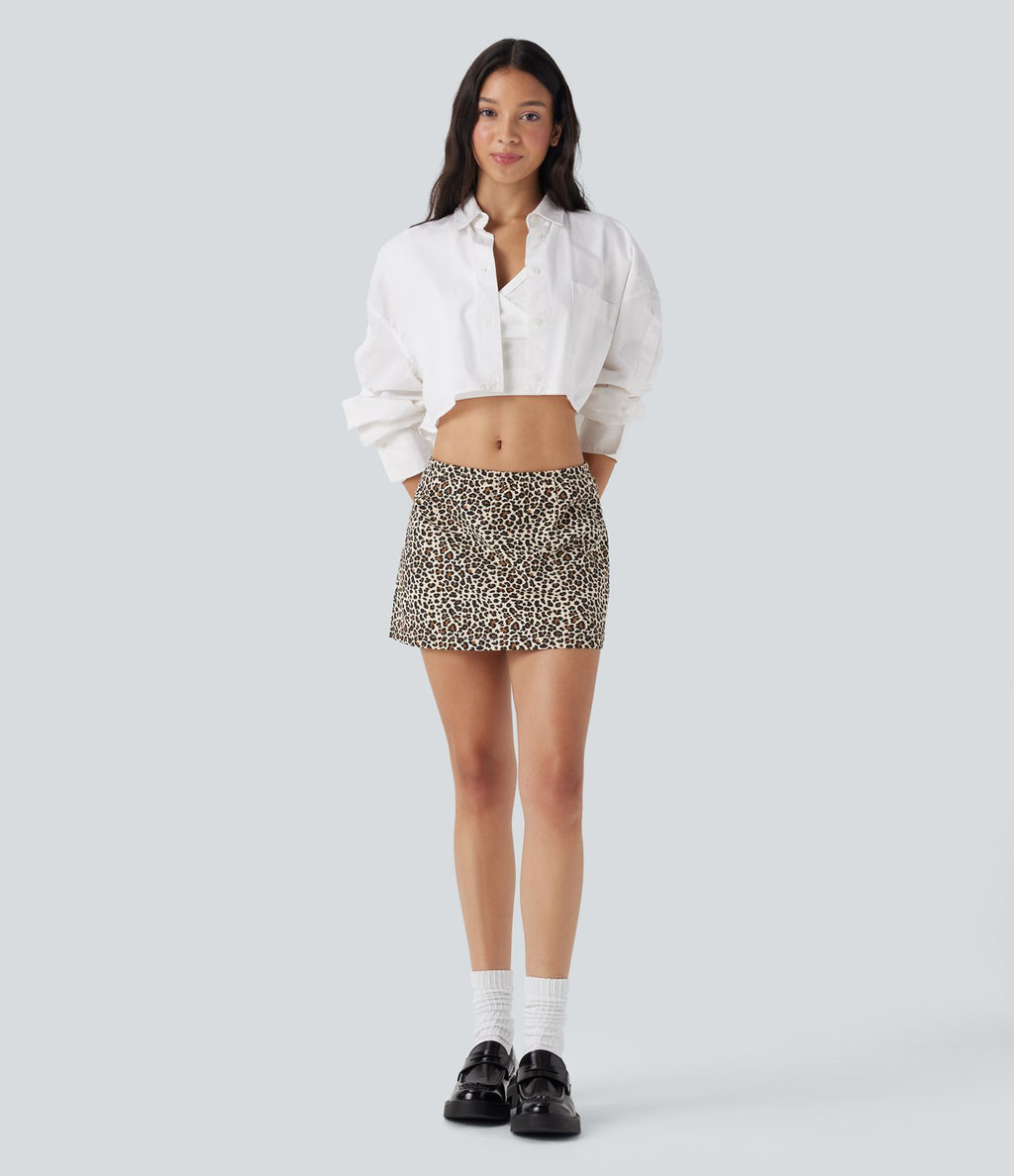 Jupe mini décontractée en coton 2-en-1 taille basse coupe A imprimé léopard avec fermeture éclair invisible