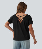T-shirt casual col V manches chauve-souris dos nu à bretelles croisées