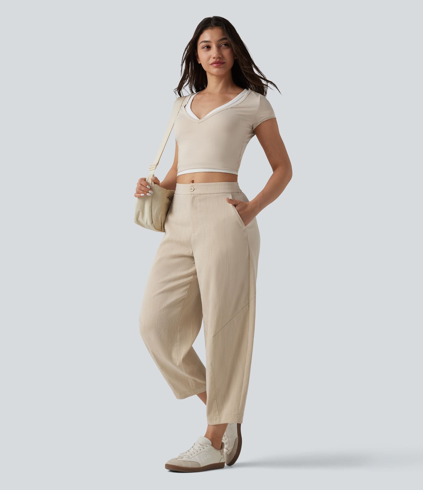 Pantalon casual taille mi-haute coupe tonneau aspect lin, avec poches