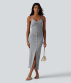Robe nuisette casual midi moulante côtelée à bretelles réglables avec boutons décoratifs et fente