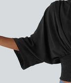 Blouse décontractée effet lin col V, manches chauve-souris et détails froncés