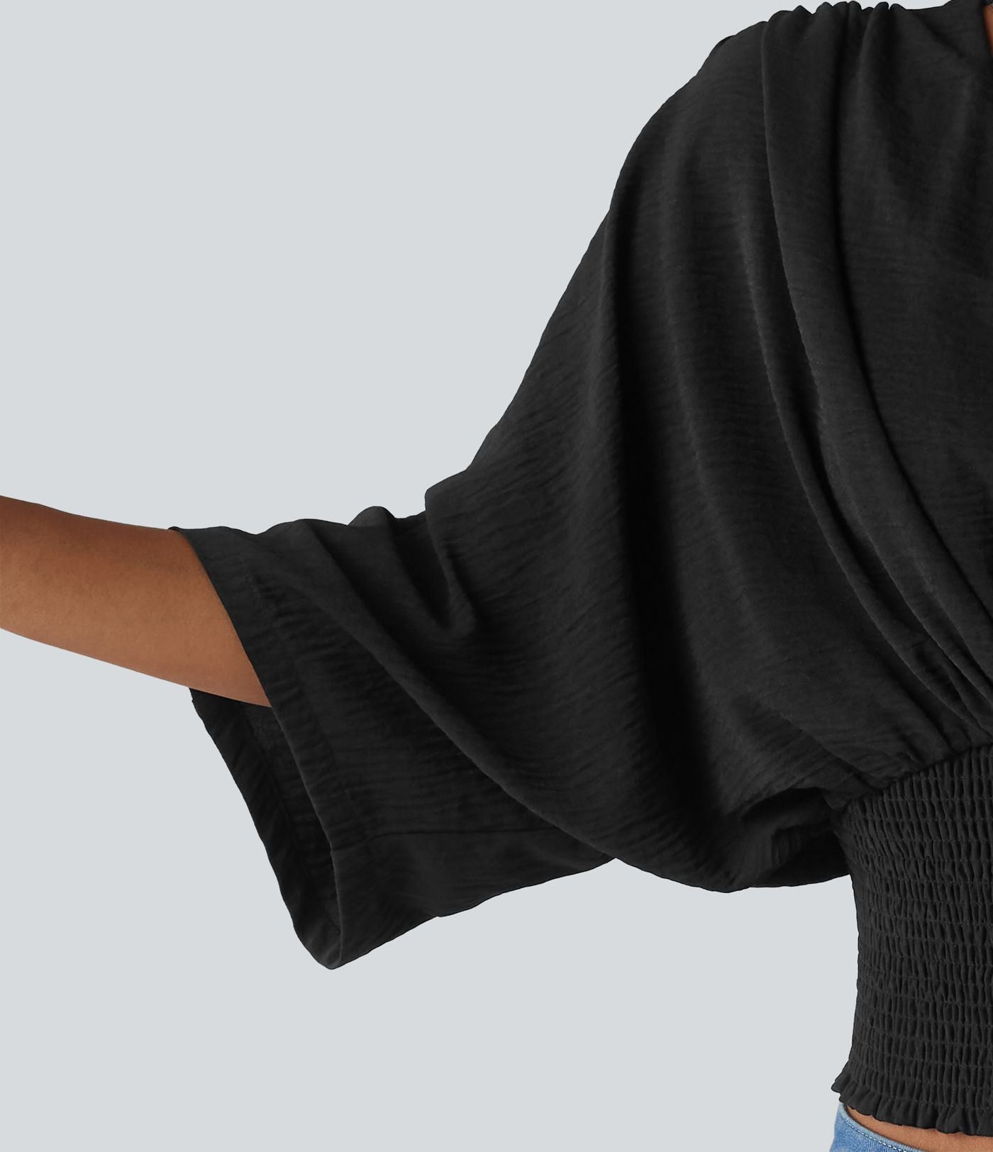 Blouse décontractée effet lin col V, manches chauve-souris et détails froncés