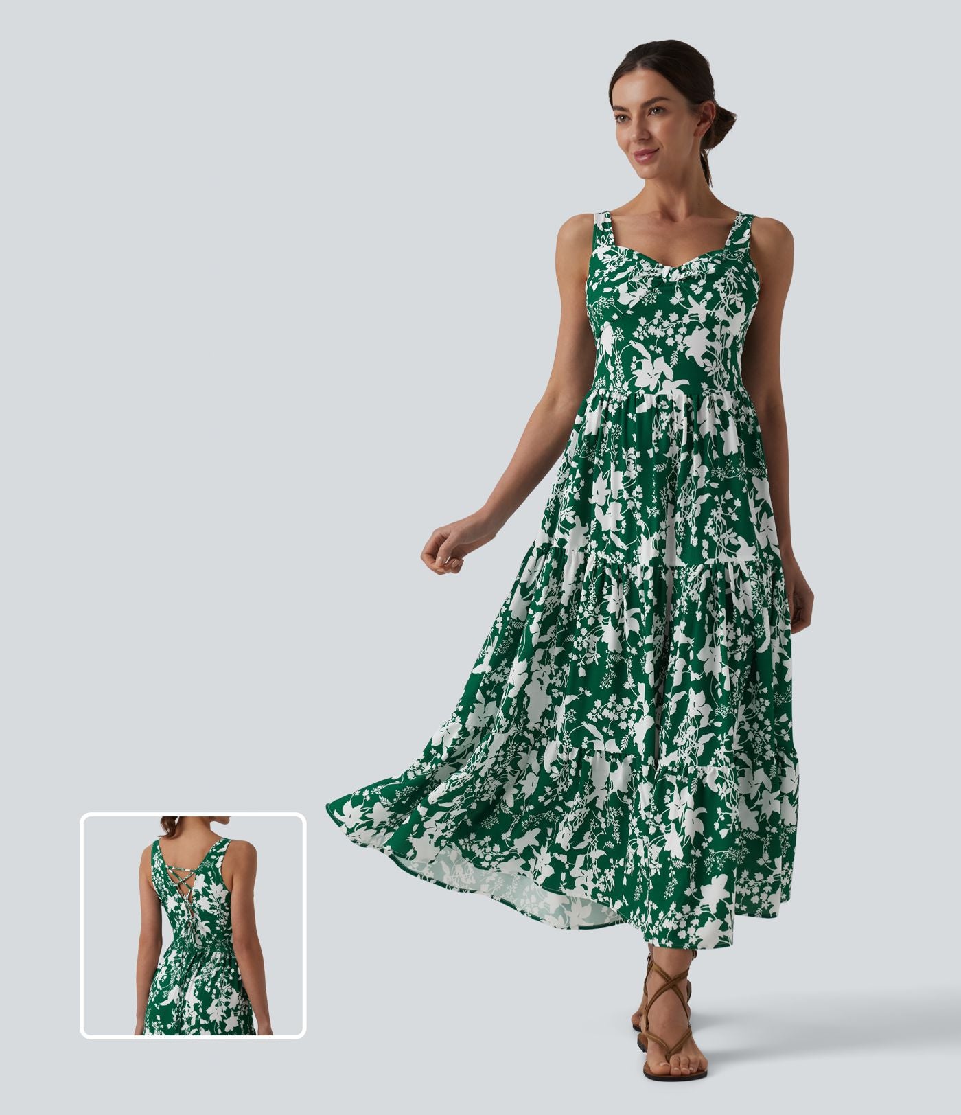 Robe longue resort décolleté cœur sans manches imprimé floral avec laçage