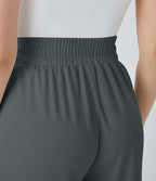 Pantalon décontracté palazzo en maille gaufrée, fluide, large, plissé, taille haute, avec poches
