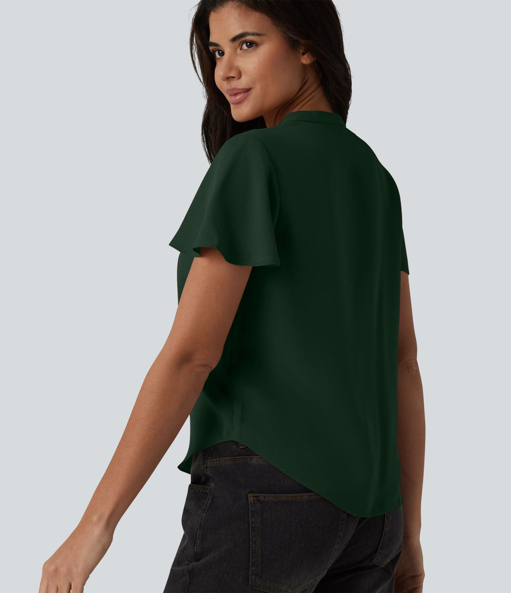 Blouse casual col V à manches volantées et ourlet arrondi