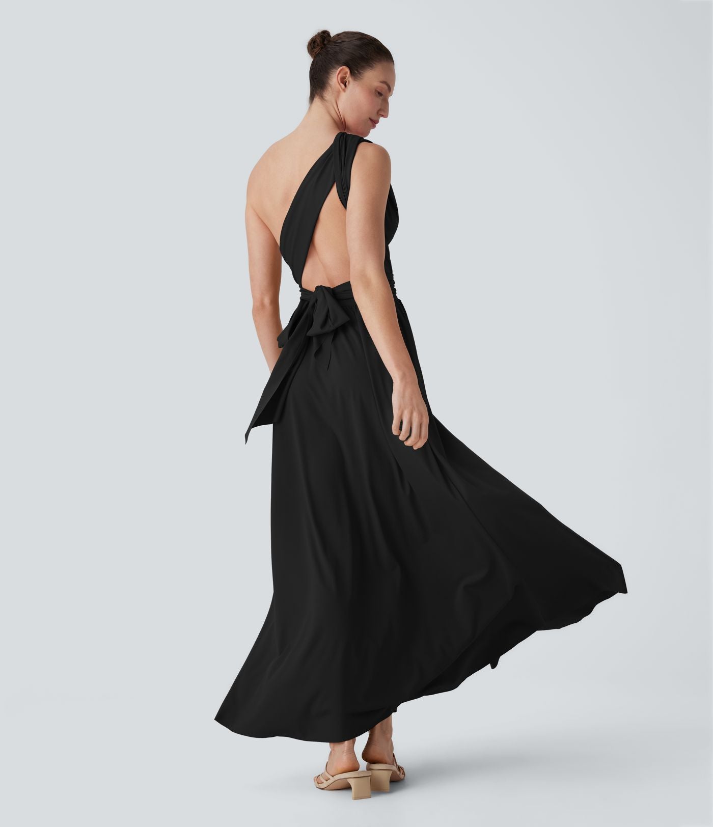 Robe longue de soirée col V, manches courtes, dos croisé à nouer, fendue avec poche latérale