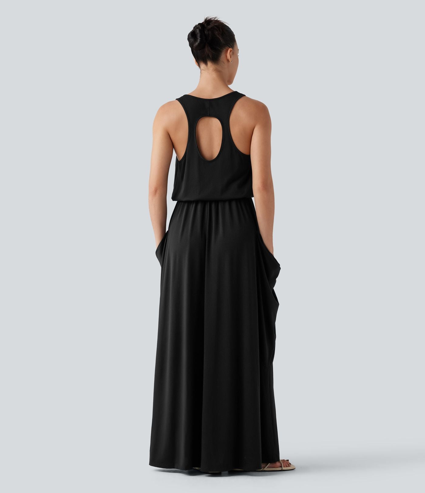 Robe longue casual drapée sans manches à dos ajouré avec poches