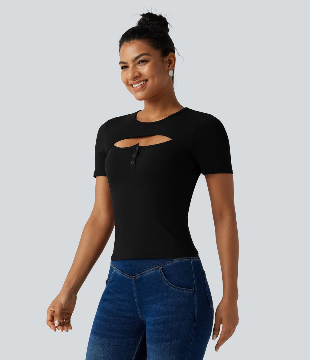 T-shirt en maille côtelée à col rond avec découpe et maintien intégré