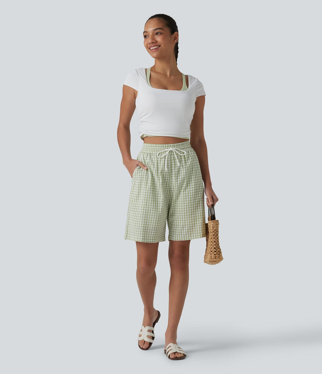 Short ample taille haute à carreaux vichy avec cordon de serrage et poches