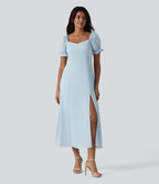 Robe de demoiselle d'honneur et d'invitée de mariage en mousseline fendue col Reine Anne manches bouffantes longueur midi