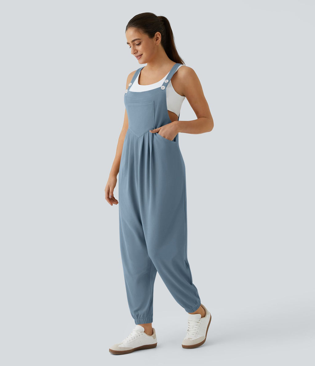 Salopette Casual Bretelles Ajustables Boutonnés Multiples Poches Plis et Tissu Gaufré