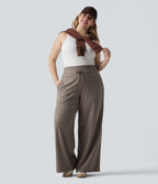 Grande taille Pantalon casual large taille haute ventre plat en maille côtelée, cordon de serrage et poches