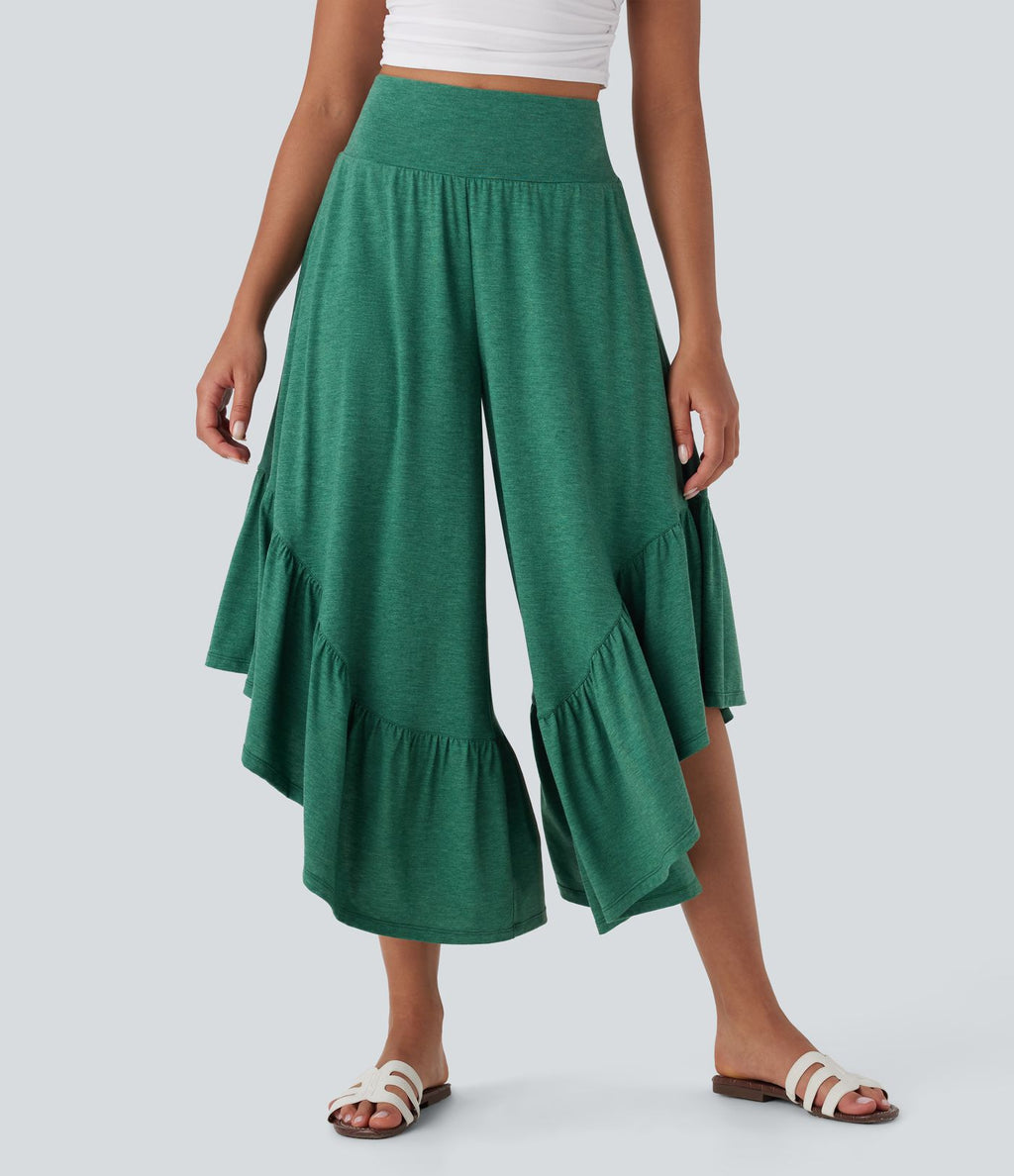 Pantalon décontracté super évasé taille haute avec ourlet à volants et poches