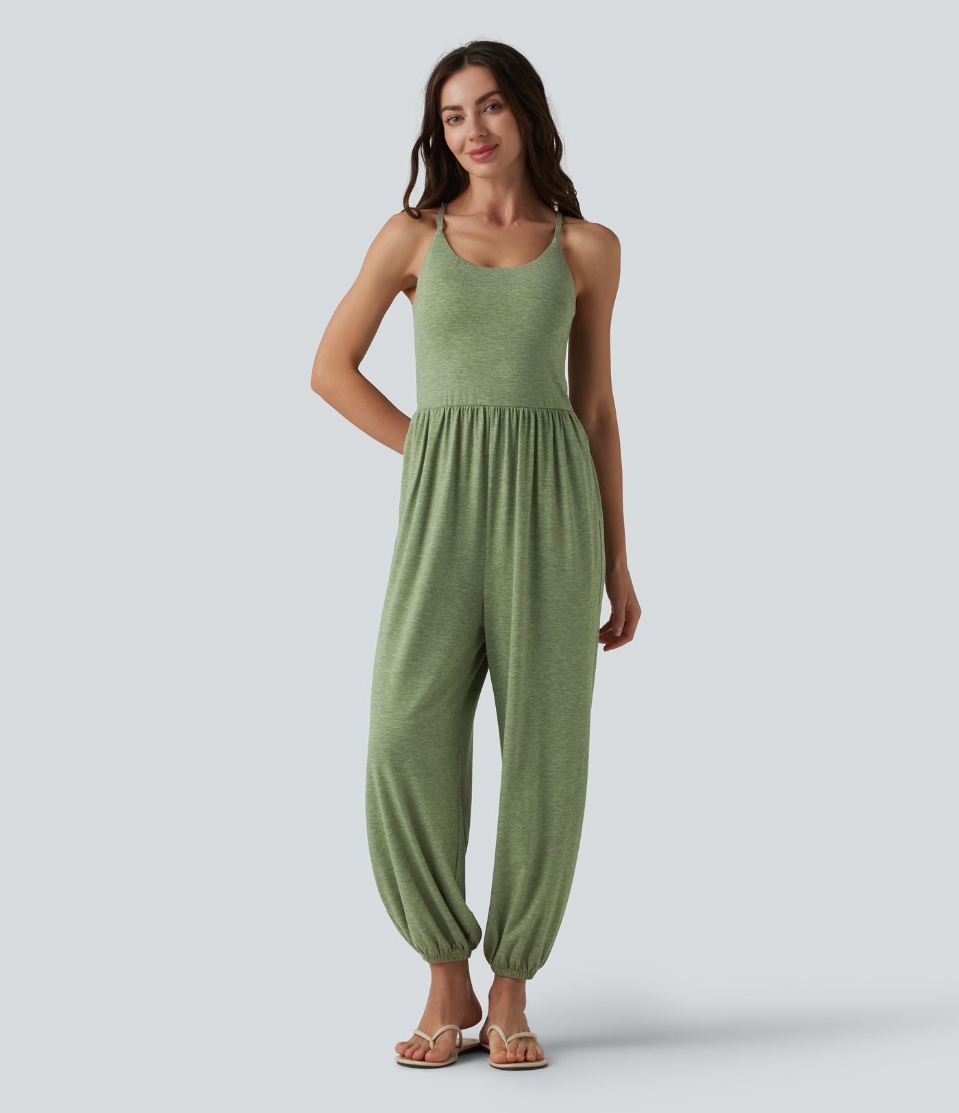 Combinaison décontractée chinée sans manches à dos croisé et soutien-gorge intégré, avec poches - Easy Peasy