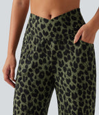 Pantalon large décontracté taille haute croisé imprimé léopard en tissu gaufré avec poches