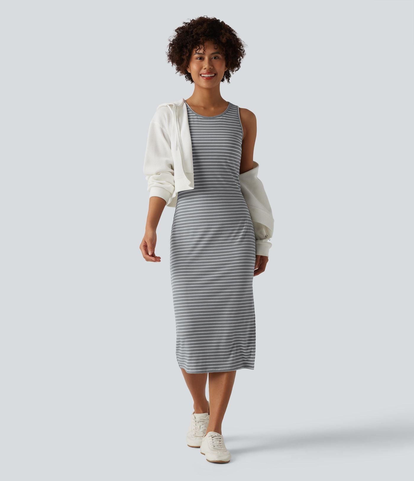 Robe midi moulante casual col rond sans manches à rayures