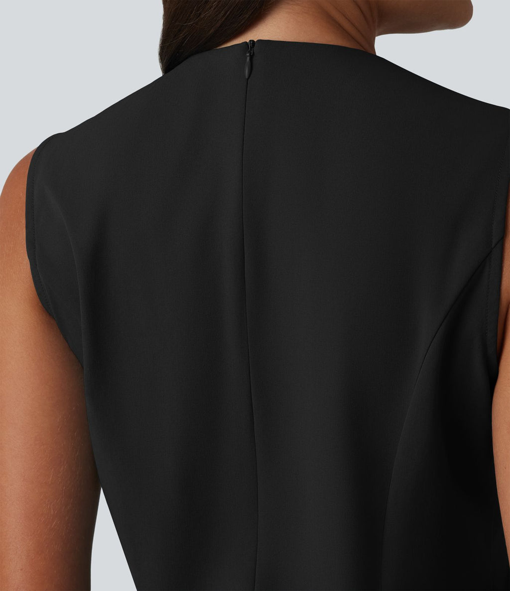 Robe de bureau mini en popeline stretch plissée col V sans manches avec fermeture éclair invisible et poches