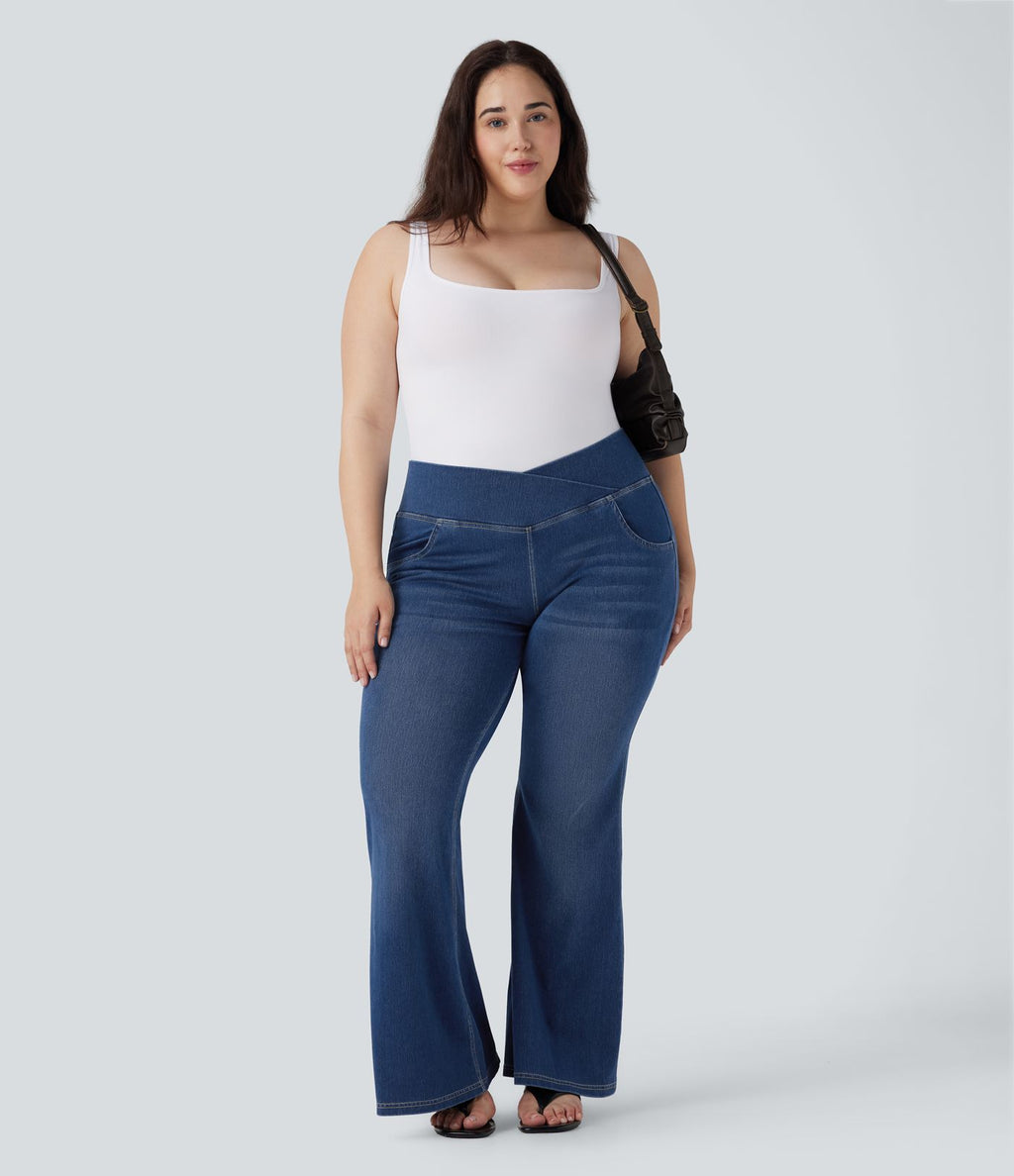 Jean évasé décontracté Halara Flex™ grande taille croisé taille haute en maille extensible délavée avec multiples poches