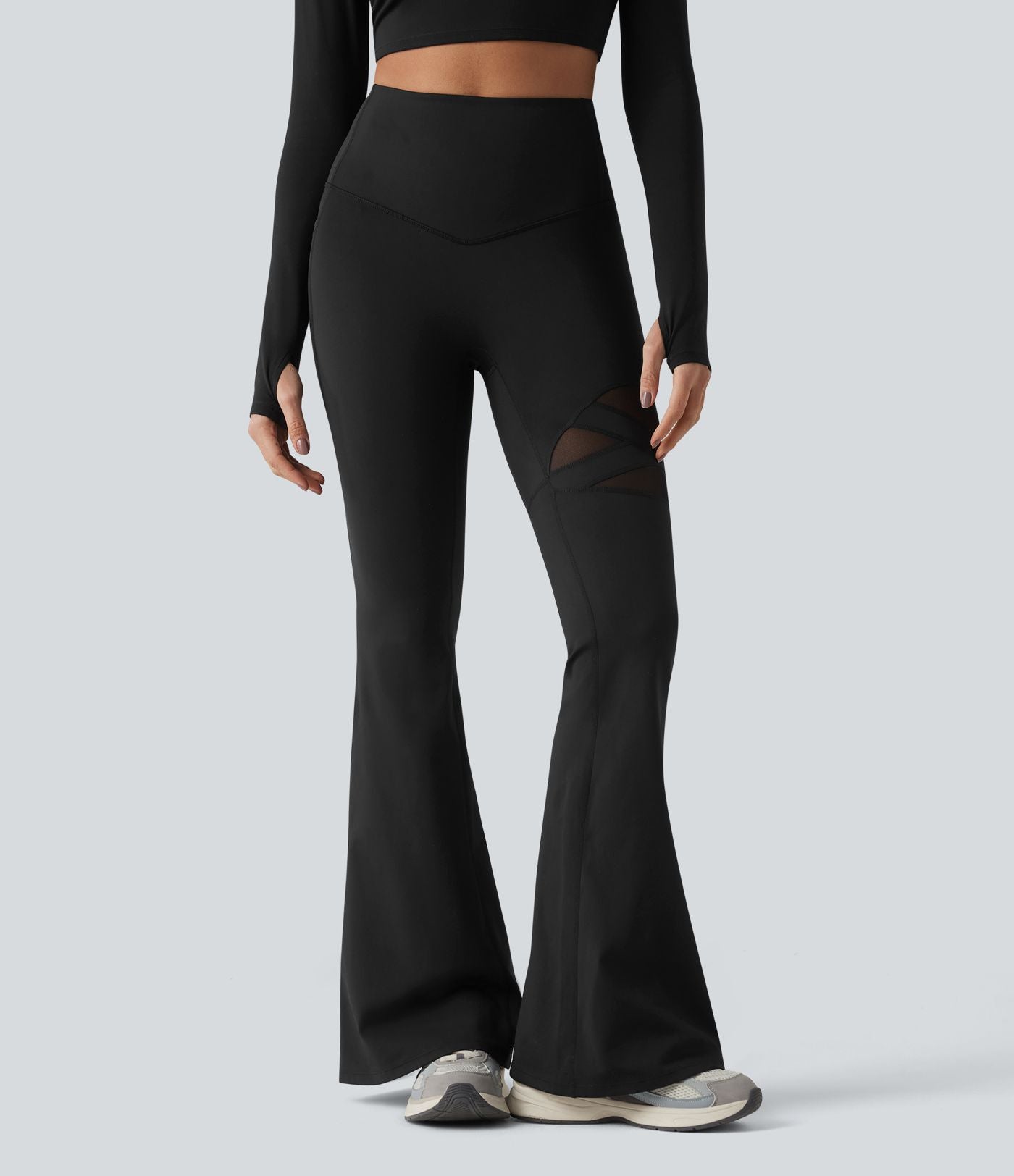 Legging évasé casual en maille respirante ventre plat taille haute avec poche