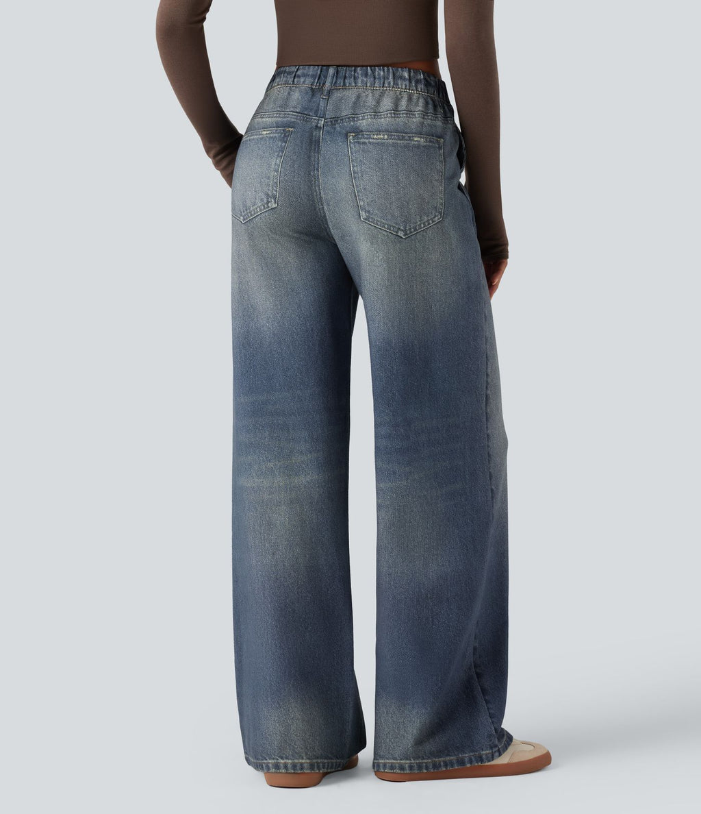 Jogging jean décontracté en molleton French Terry imprimé denim taille mi-haute avec poches