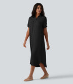 Robe-chemise midi casual à manches courtes aspect lin, ceinturée et avec poches
