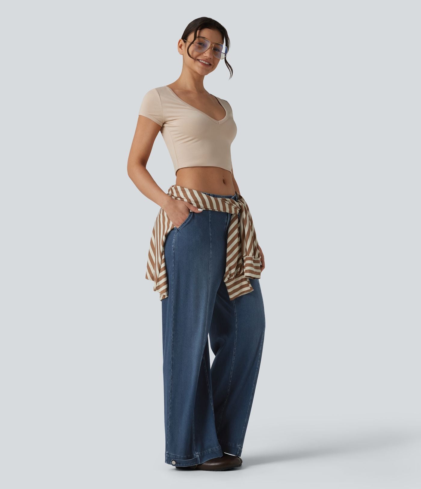 Halara Flex™ Jean large casual baggy taille mi-haute en lyocell drapé effet délavé, ourlet ajustable et poches