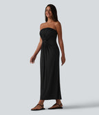 Robe longue casual bustier froncée avec brassière intégrée et poches
