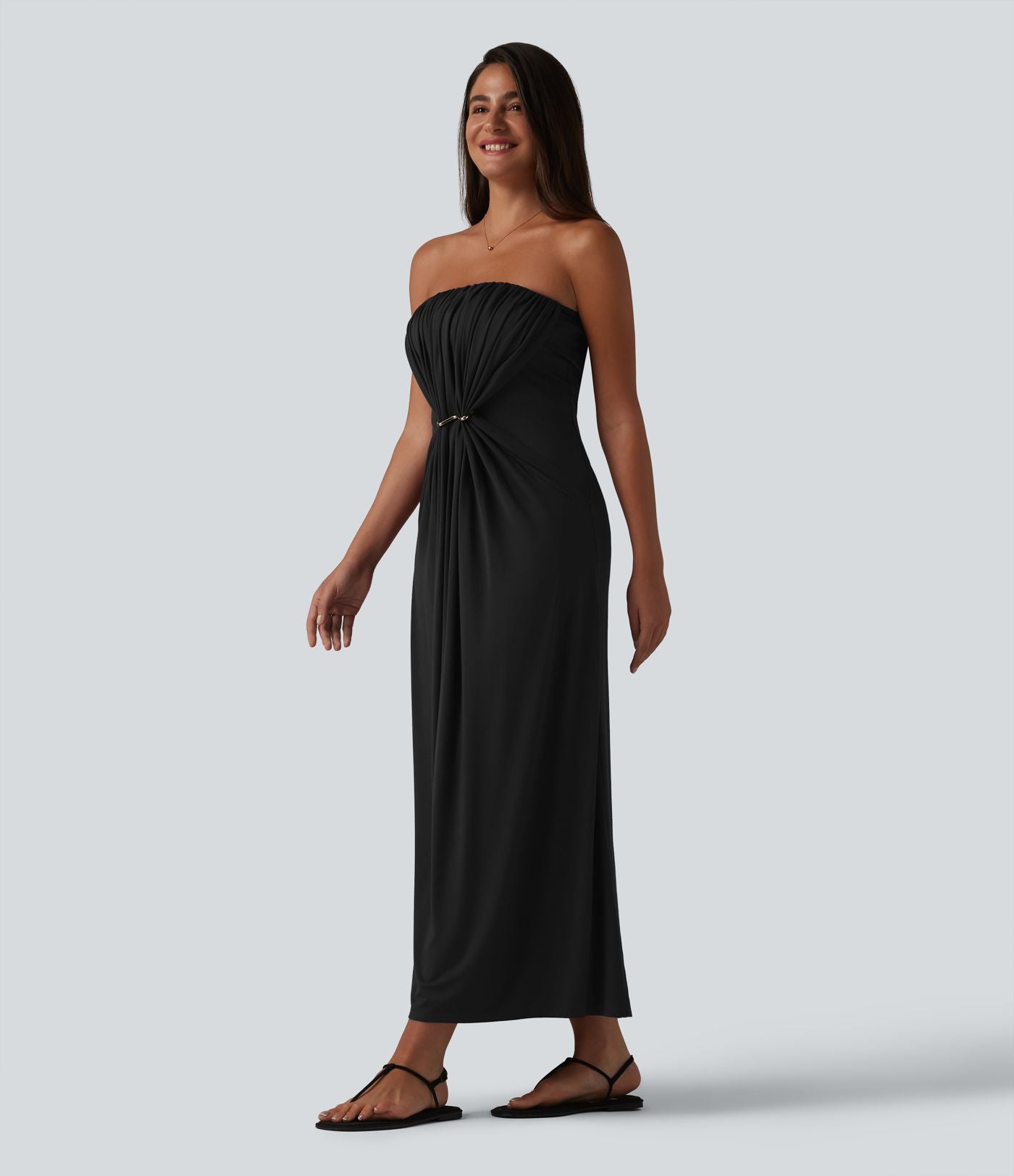 Robe longue casual bustier froncée avec brassière intégrée et poches