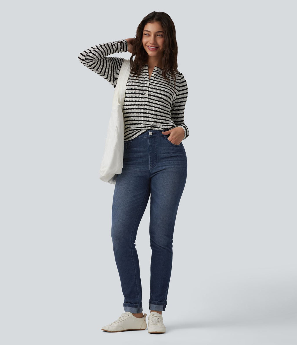 Halara Flex™ Jean slim casual taille haute à ourlet retroussé avec poches