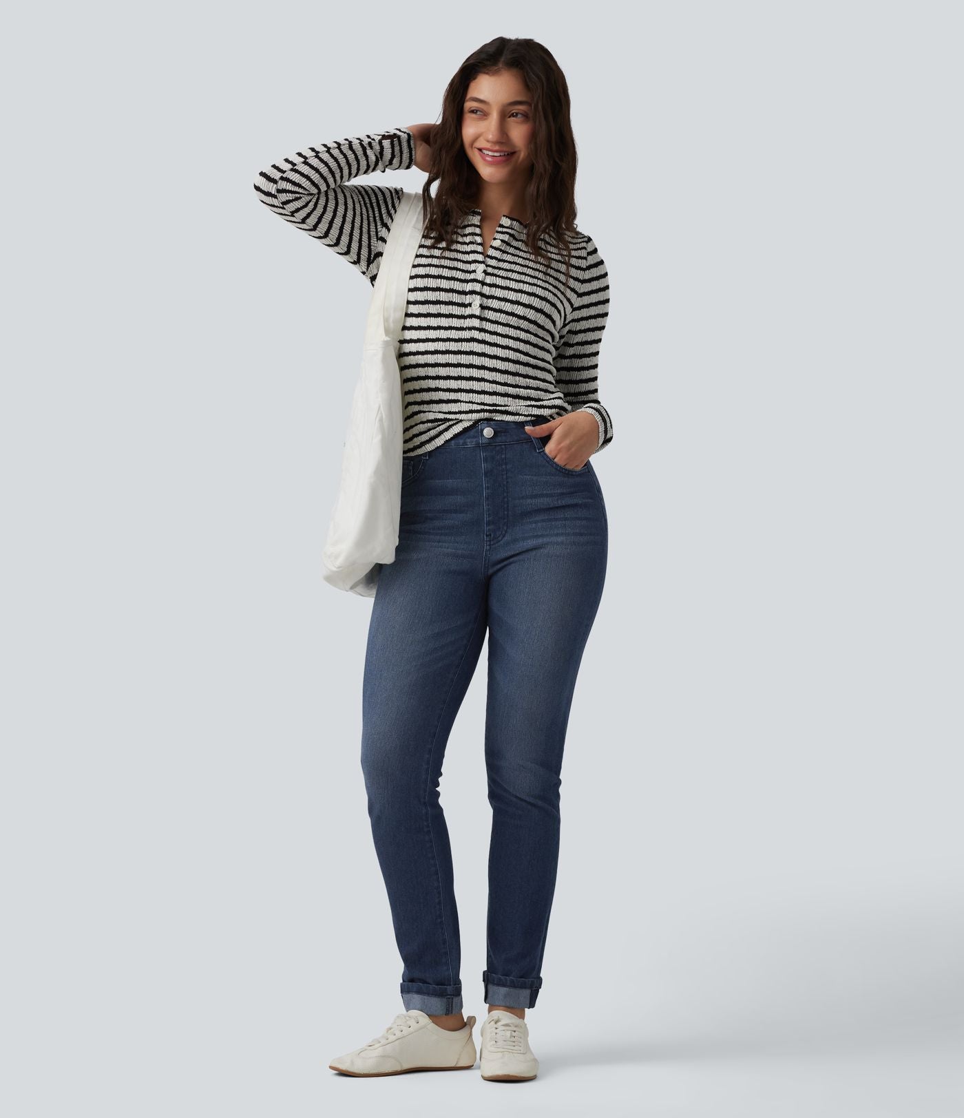 Halara Flex™ Jean slim casual taille haute à ourlet retroussé avec poches